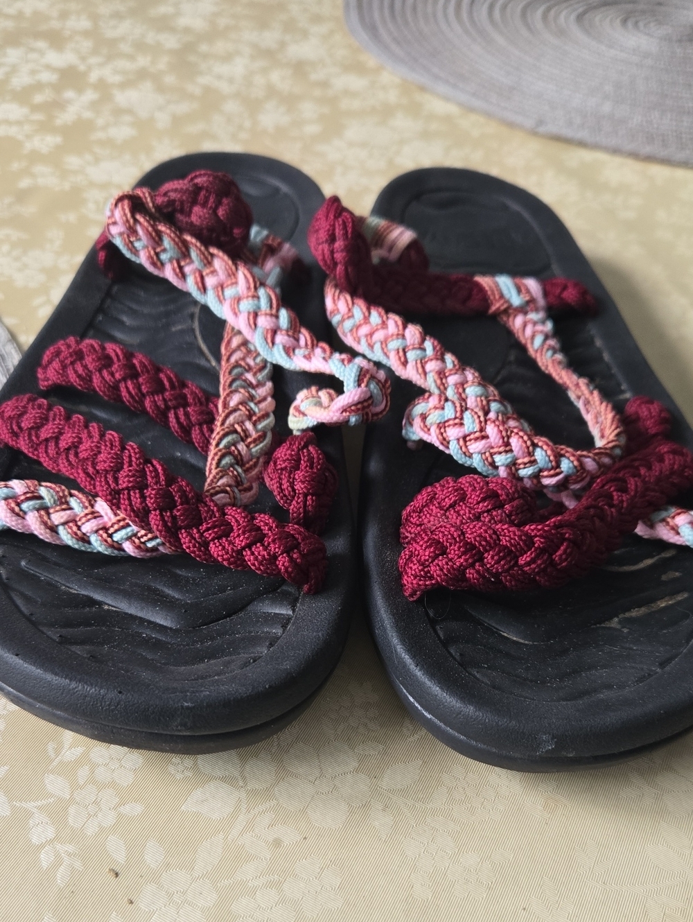 Braided Strap Slide Sandals in Burgundy and Multicolor Totally Adjustable..